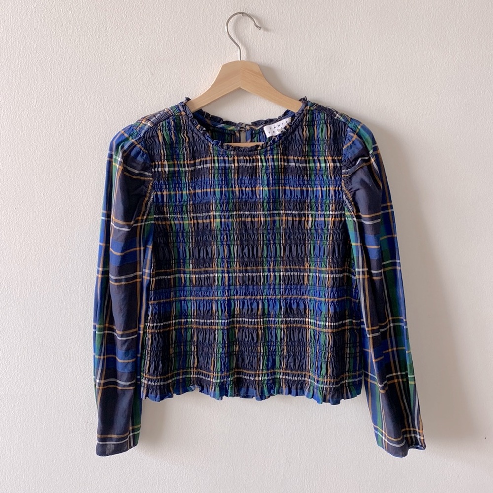 Tanya Taylor Blue Green Tartan Plaid Smocked Katherine Top Size XS